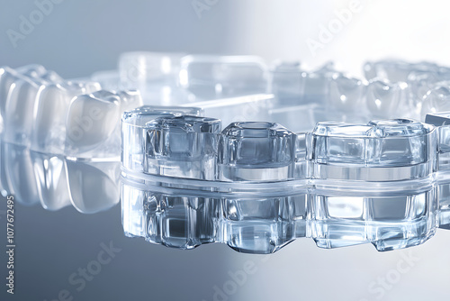 Clear dental aligners arranged on a reflective surface, showcasing their design and purpose.