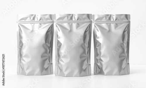 Three silver foil stand up pouches arranged in row, showcasing their sleek design and shiny surface, ideal for packaging various products