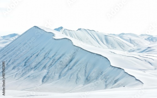 Serene Sandscapes: A breathtaking panoramic view of majestic, snow-covered sand dunes stretching to the horizon under a pale sky. The scene evokes a sense of tranquility and untouched beauty.  photo