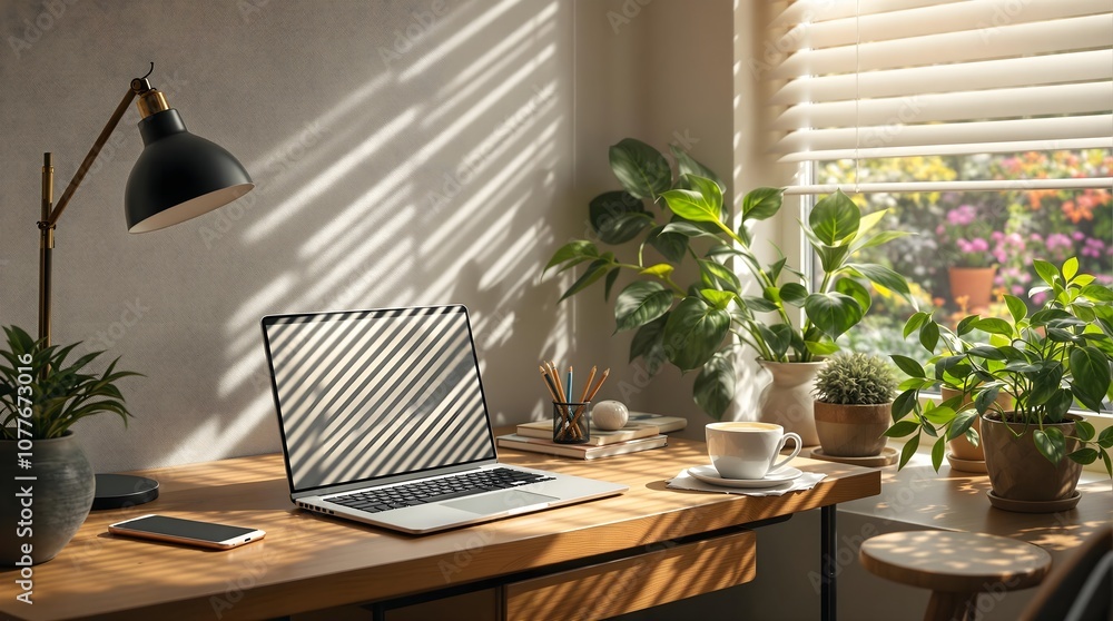 Fototapeta premium Cozy Home Office with Wooden Desk, Laptop, and Garden View