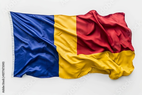 A Waving Romanian Flag with Blue, Yellow, and Red Stripes