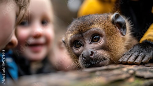 A close-up capture of a curious monkey interacting playfully with children in a lively and natural setting, highlighting innocence, joy, and wildlife connection. photo