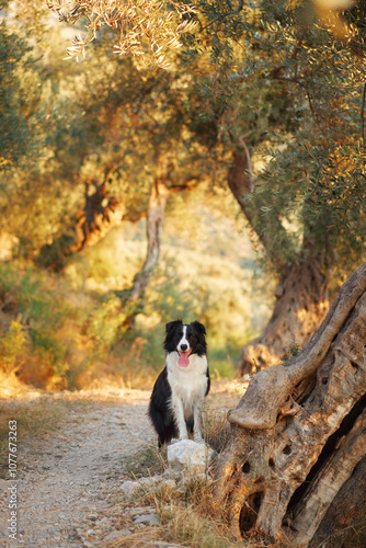 A Border Collie sits peacefully in a sunlit forest, surrounded by tall trees and lush greenery.