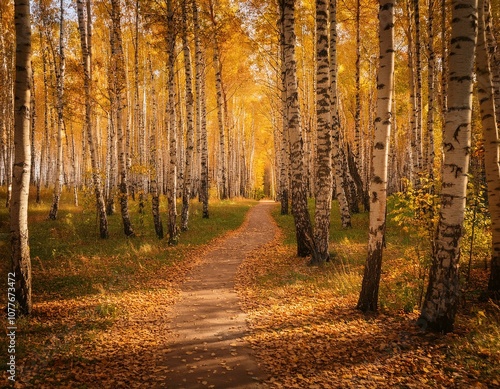 Autumn Path in Birch Forest