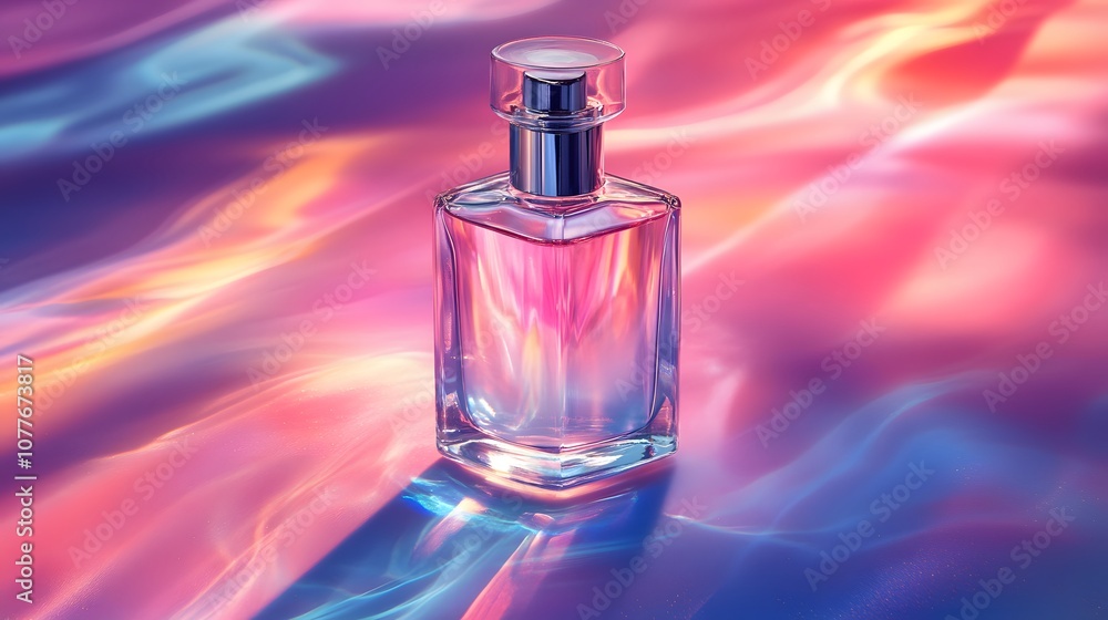 Elegant glass bottle of serum arranged against a colorful background with layered shadows creating a soft, tranquil atmosphere for beauty branding. Elegant glass bottle of serum arranged against a colorful background with layered shadows creating a soft, tranquil atmosphere for beauty branding.