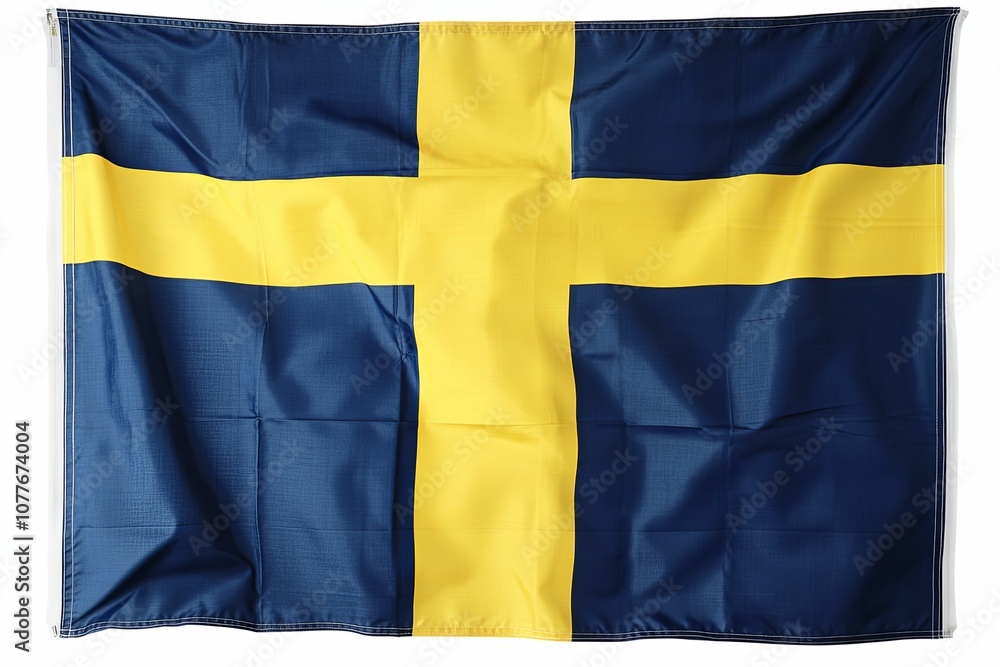 A close-up image of a Swedish flag with a yellow cross on a blue background. A close-up image of a Swedish flag with a yellow cross on a blue background.