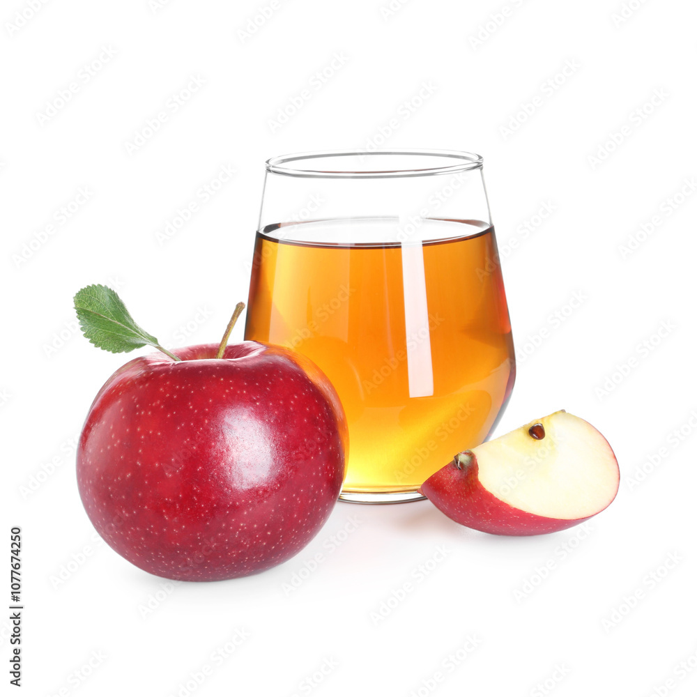 Tasty apple juice in glass and fresh fruits isolated on white Tasty apple juice in glass and fresh fruits isolated on white