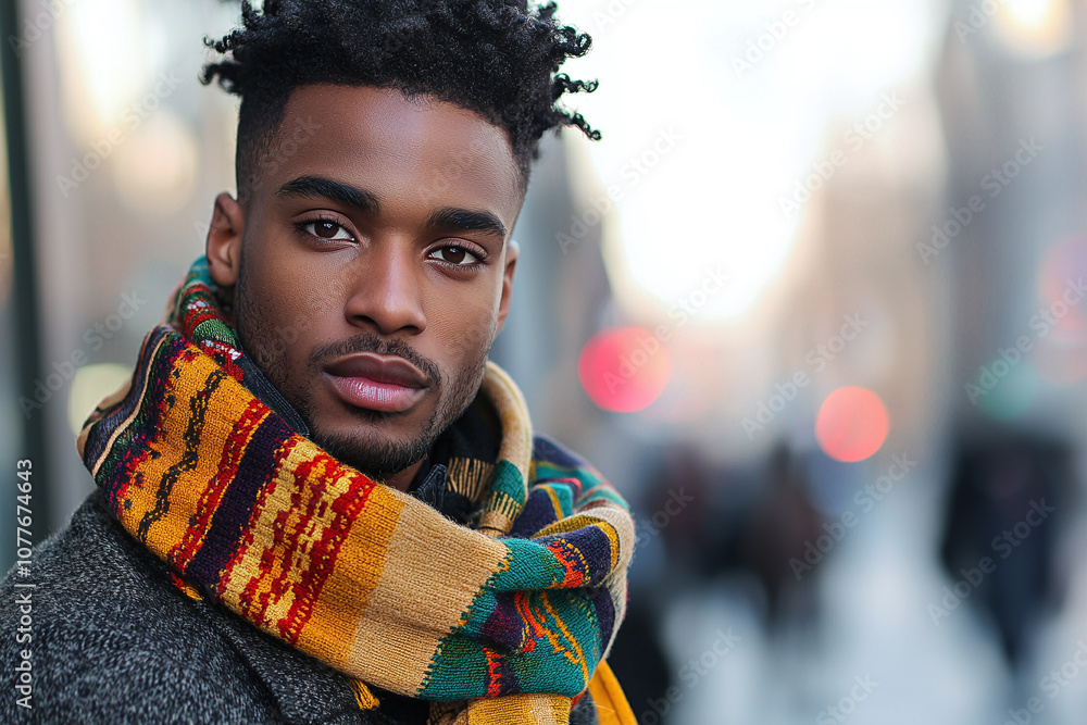 a man sporting a scarf with a loud pattern, adding flair to his casual look. a man sporting a scarf with a loud pattern, adding flair to his casual look.