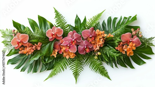 Tropical Orchid and Leaf Arrangement on White Background photo