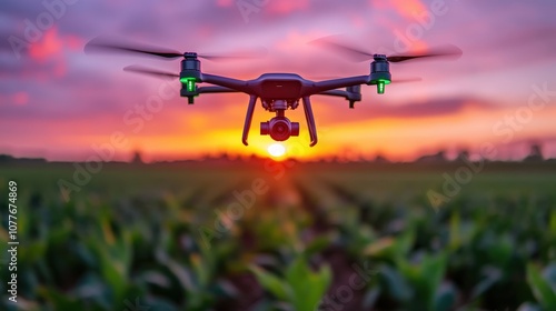 A drone equipped with a camera flies over expansive fields at sunset, capturing the beautiful blend of technology and nature in a breathtaking aerial view.