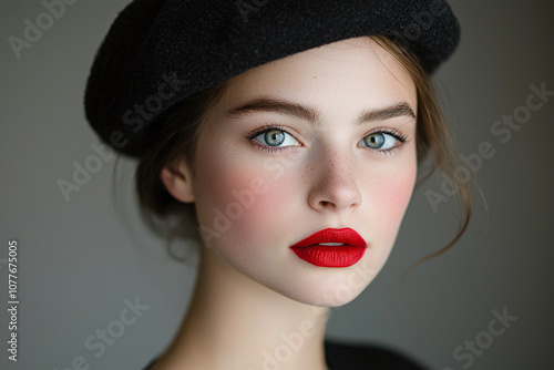 Wallpaper Mural a woman sporting bold red lipstick and a classic beret. Torontodigital.ca