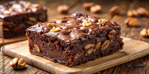 A close-up shot of a fudgy brownie with pecans, the rich chocolate and nutty topping make it a delicious treat.