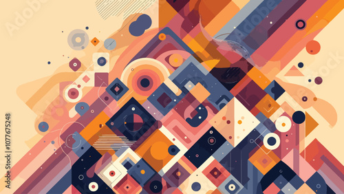 An abstract background illustration made up of layered geometric shapes. The design should be visually engaging yet subtle enough to use as a backdrop for text