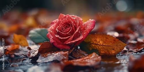 Single red rose with dew drops on petals laying in a bed of fall leaves