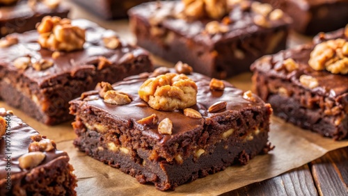 A close-up view of fudgy brownies topped with chocolate ganache and scattered with pecan halves, offering a tempting glimpse of the rich and decadent treat photo