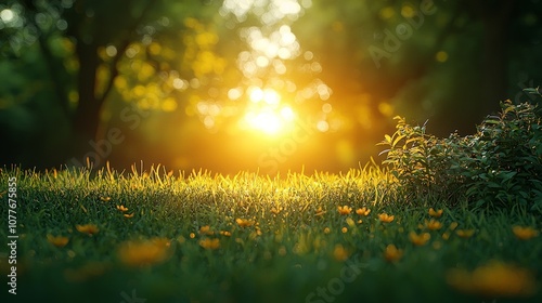 A serene sunset illuminating a grassy field with flowers, creating a peaceful atmosphere.