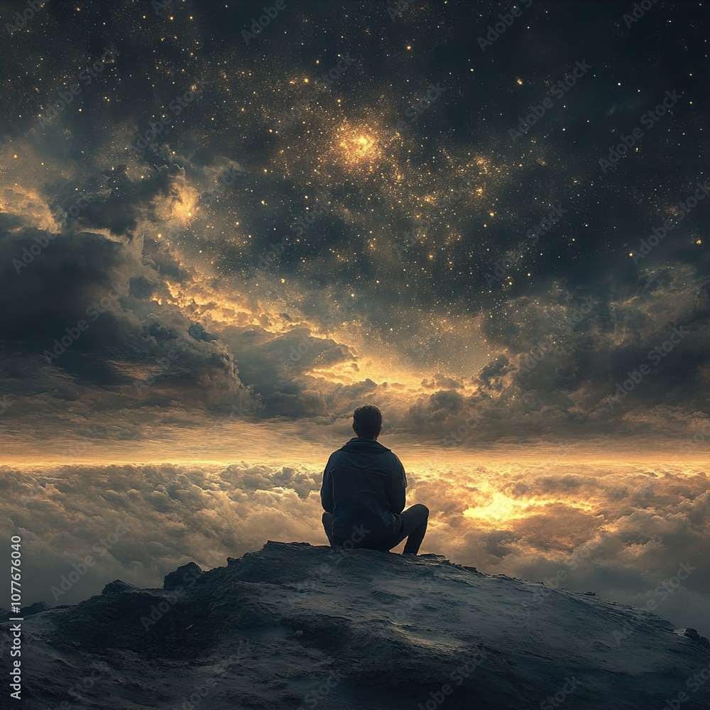 Contemplating the Vastness: A Man Silhouetted Against a Starry Night Sky Contemplating the Vastness: A Man Silhouetted Against a Starry Night Sky