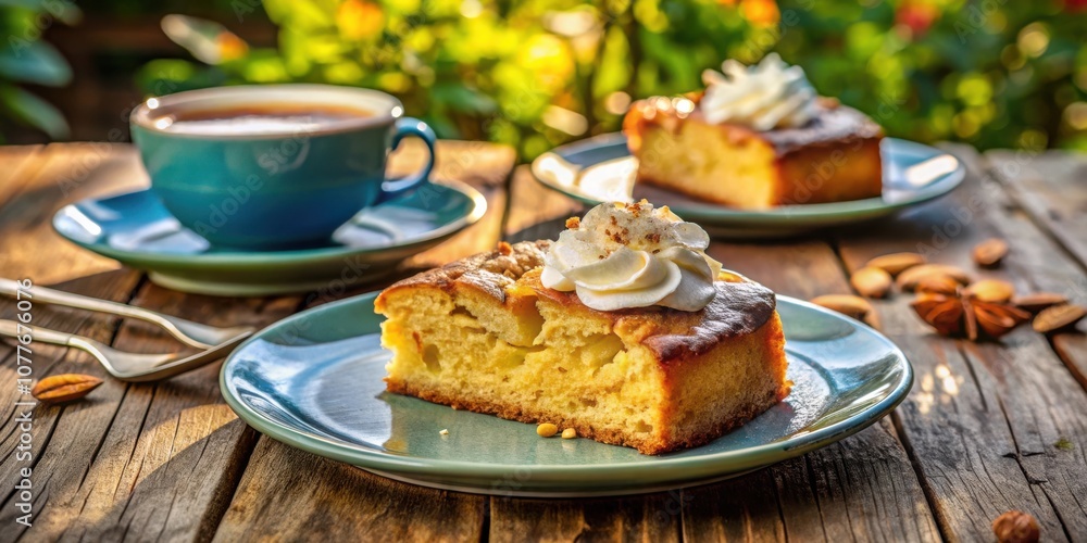 A slice of apple cake with whipped cream and nuts on a rustic wooden table with a cup of tea in the background A slice of apple cake with whipped cream and nuts on a rustic wooden table with a cup of tea in the background