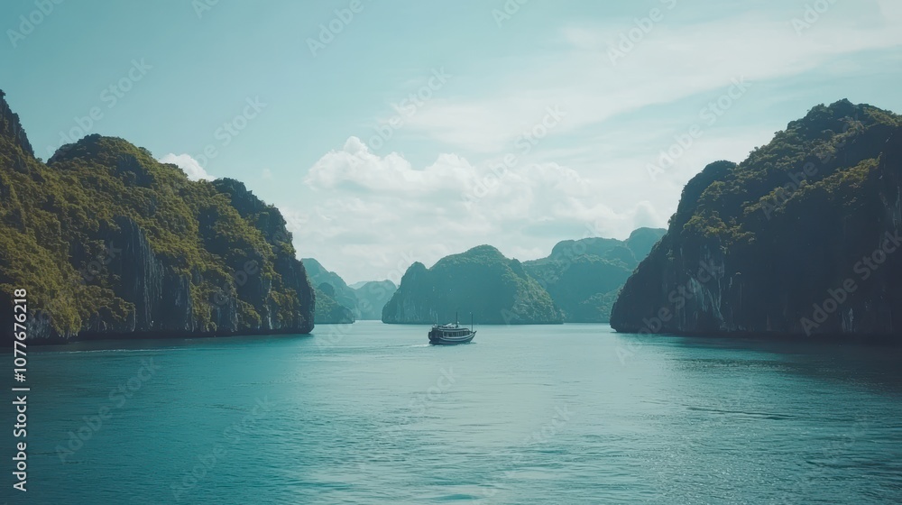 Scenic view of serene waters surrounded by lush green cliffs, featuring a boat navigating through the tranquil landscape, Ideal for travel brochures, nature articles, or relaxation-themed content, Scenic view of serene waters surrounded by lush green cliffs, featuring a boat navigating through the tranquil landscape, Ideal for travel brochures, nature articles, or relaxation-themed content,