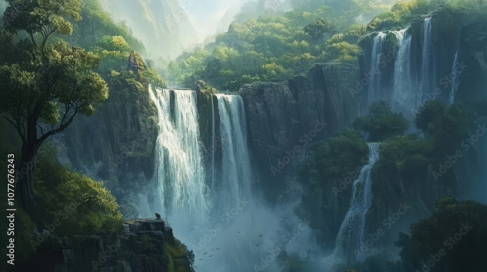 Majestic Waterfall in Lush Forest Majestic Waterfall in Lush Forest