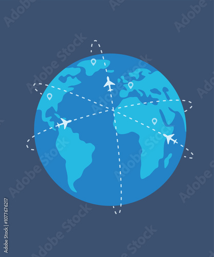 Planes flying around the globe stock illustration