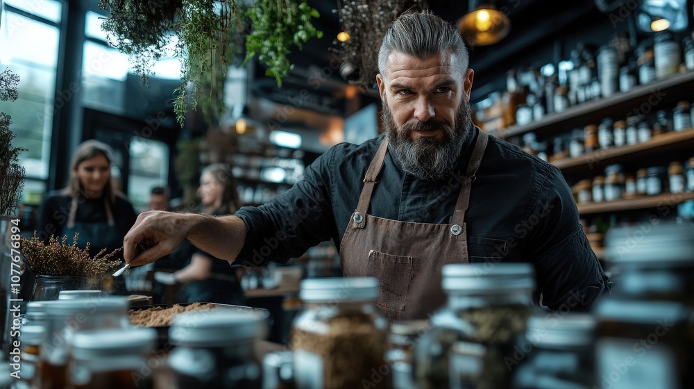 A bearded man in an apron stands in an apothecary shop, surrounded by jars filled with various spices; other workers bustle in the background, enhancing the scene. A bearded man in an apron stands in an apothecary shop, surrounded by jars filled with various spices; other workers bustle in the background, enhancing the scene.