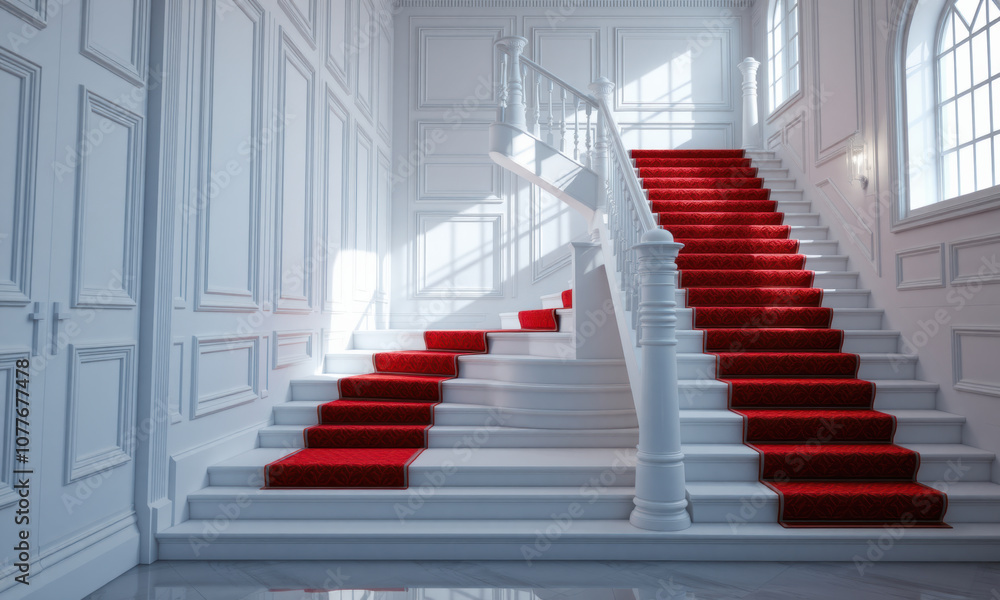Obraz premium Elegant white staircase with red carpet, bright and inviting atmosphere