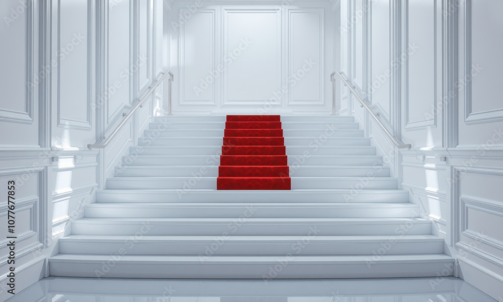 Obraz premium grand white staircase with striking red carpet, creating elegant and luxurious atmosphere. Perfect for events or ceremonies