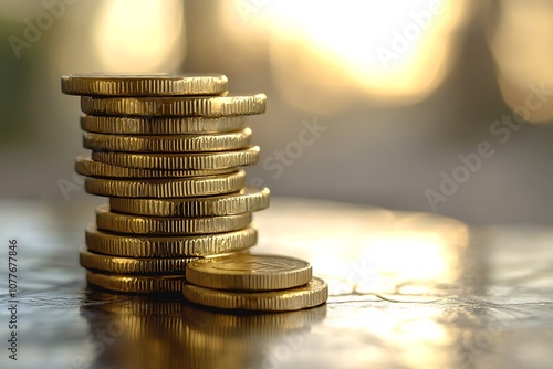 Golden coins stacked on dark textured surface symbolizing wealth and financial stability  photo