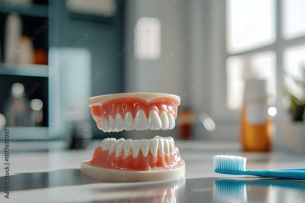A dental model with teeth and a toothbrush on a table, emphasizing oral hygiene. A dental model with teeth and a toothbrush on a table, emphasizing oral hygiene.