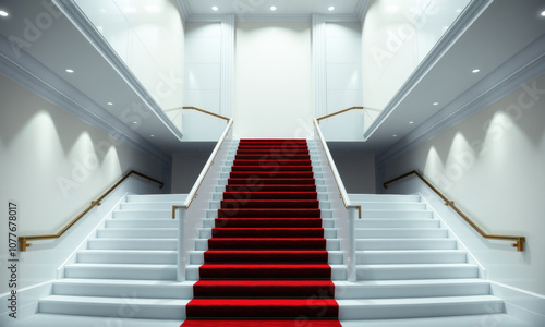 grand staircase featuring striking red carpet against white backdrop, creating elegant and inviting atmosphere. Perfect for events and ceremonies