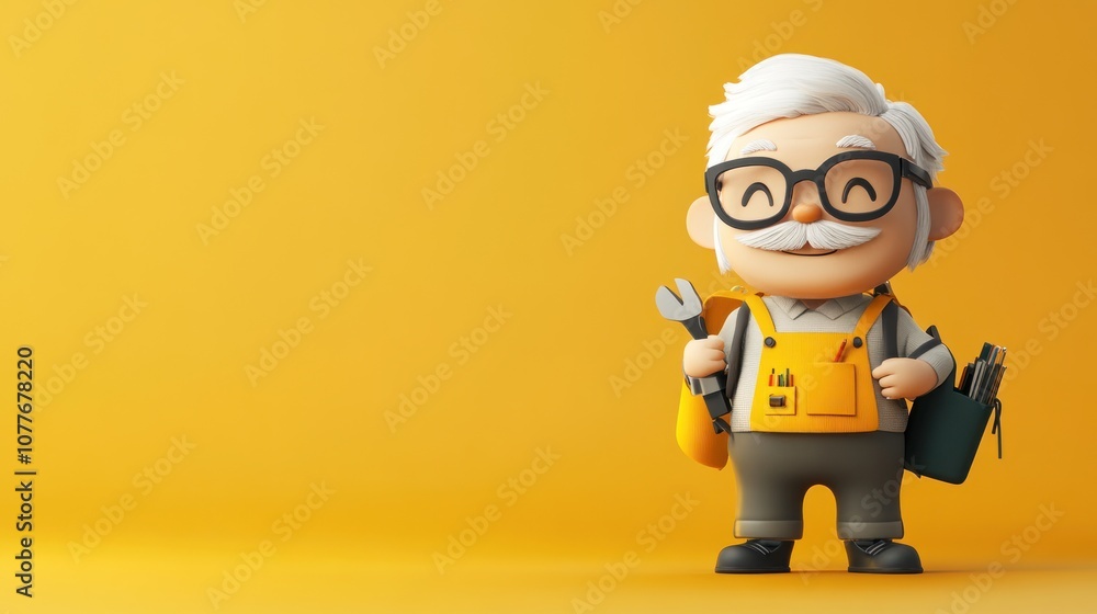 A cheerful cartoon elderly man holding tools, ready for a DIY project. A cheerful cartoon elderly man holding tools, ready for a DIY project.