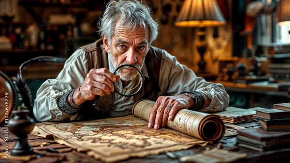 An elderly man examines an old map with a magnifying glass, creating an atmosphere of adventure and discovery in an antique cabinet illuminated by the warm light of a lamp. Generated by AI An elderly man examines an old map with a magnifying glass, creating an atmosphere of adventure and discovery in an antique cabinet illuminated by the warm light of a lamp. Generated by AI