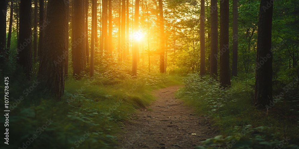 Fototapeta premium Golden light in the forest path at sunset