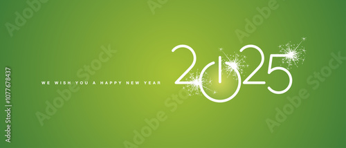 We wish you a Happy New Year 2025 eve white shining rounded 3d typography sparkle firework lucky green background banner with turn on start button
