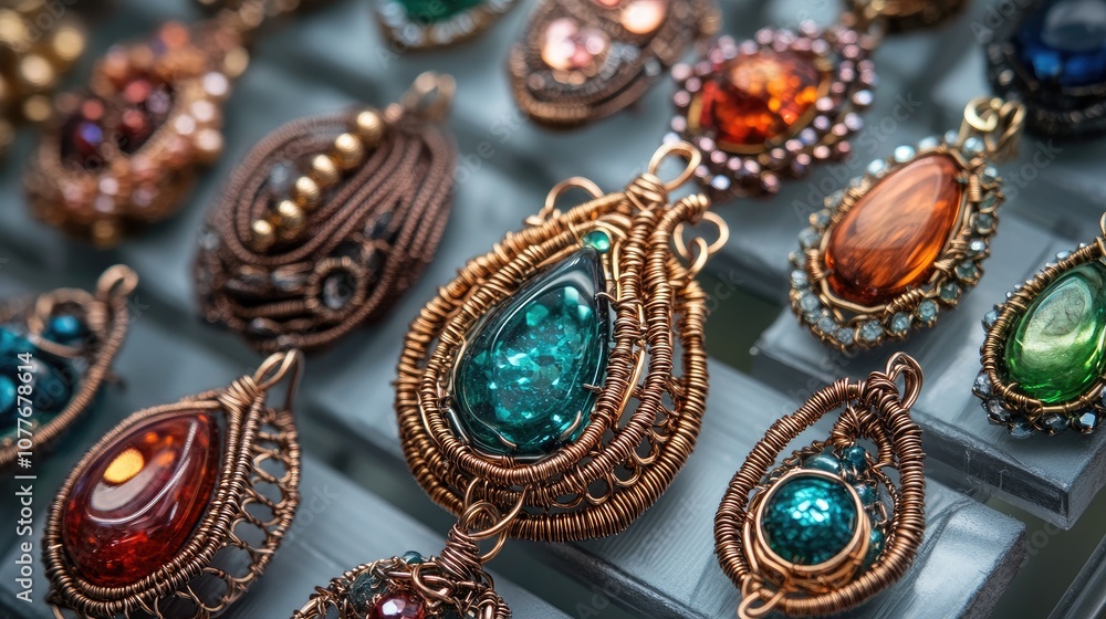 A close-up of a collection of handcrafted wire wrapped pendants with colorful gemstones. A close-up of a collection of handcrafted wire wrapped pendants with colorful gemstones.