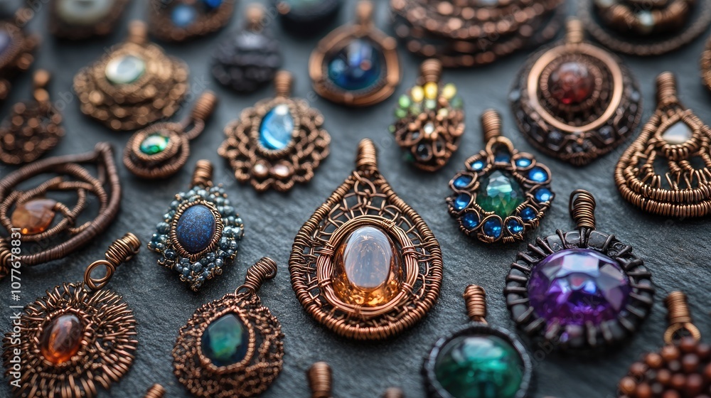 A variety of colorful gemstone and copper wire wrapped pendants. A variety of colorful gemstone and copper wire wrapped pendants.