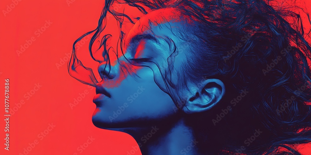 Woman with blue face and red background in profile with eyes closed Woman with blue face and red background in profile with eyes closed