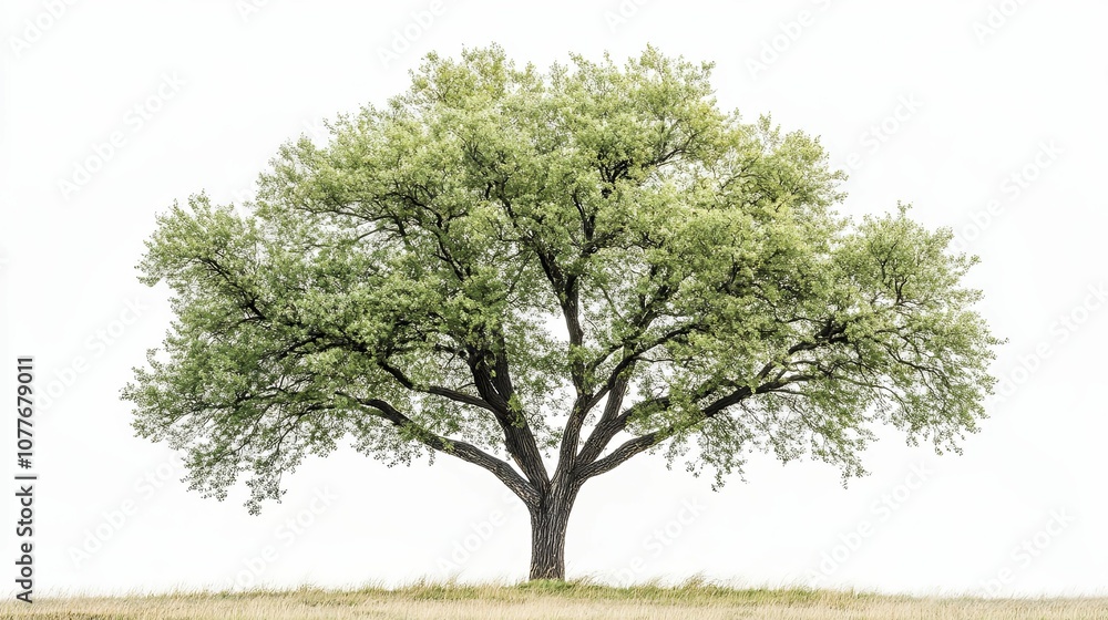 A Single Tree with Green Foliage and a Rough Bark in a Grassy Field A Single Tree with Green Foliage and a Rough Bark in a Grassy Field