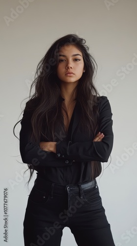 A confident young woman stands with her arms crossed, wearing a black shirt and jeans against a neutral background, This image conveys strength and determination