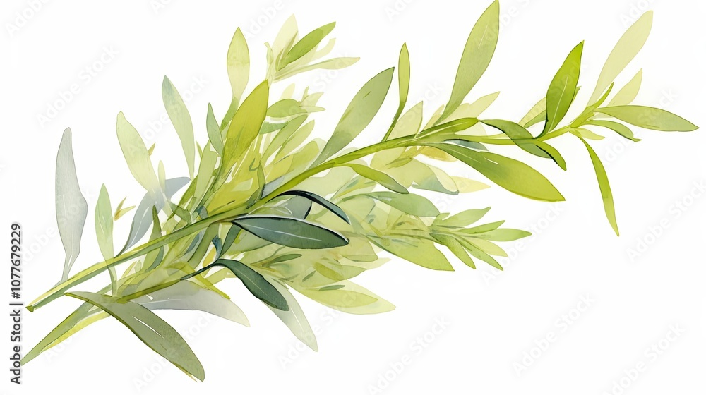 Watercolor Painting of a Green Branch with Delicate Leaves Watercolor Painting of a Green Branch with Delicate Leaves