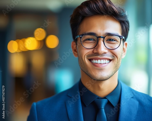 A smiling man in a business suit with glasses stands in a modern office environment, showcasing confidence and professionalism, Ideal for corporate, marketing, or personal development themes,