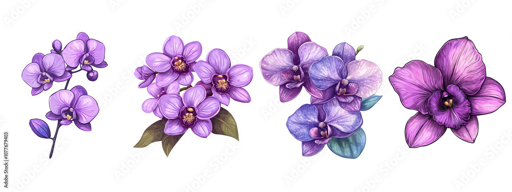 A stunning collection of purple orchids in various arrangements, perfect for floral designs and botanical themes. A stunning collection of purple orchids in various arrangements, perfect for floral designs and botanical themes.
