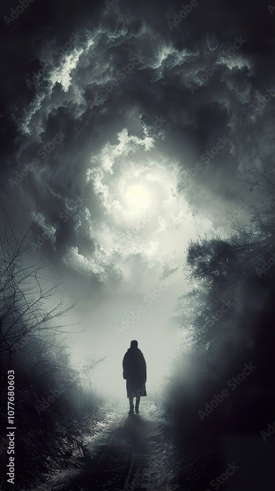 A Solitary Figure Walks Towards a Glowing Light in a Foggy Path A Solitary Figure Walks Towards a Glowing Light in a Foggy Path