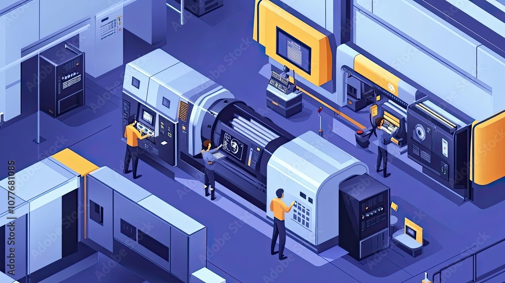 Workers operating industrial machinery in a factory Workers operating industrial machinery in a factory