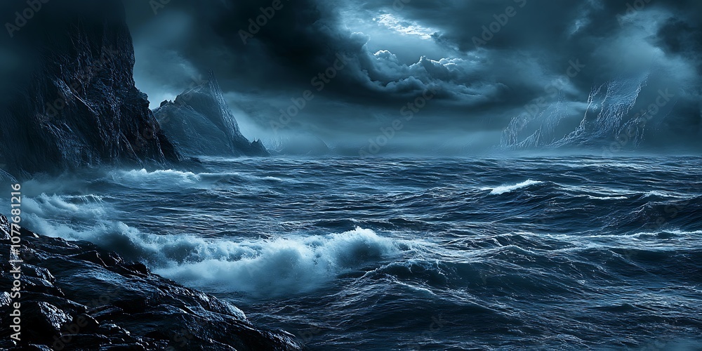 Dark Stormy Sea with Waves Crashing on Rocky Coast Under Gloomy Clouds Dark Stormy Sea with Waves Crashing on Rocky Coast Under Gloomy Clouds