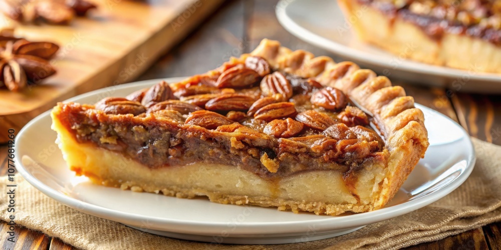 A Slice of Pecan Pie with a Golden Crust and a Generous Topping of Pecans on a White Plate and Burlap Placemat A Slice of Pecan Pie with a Golden Crust and a Generous Topping of Pecans on a White Plate and Burlap Placemat
