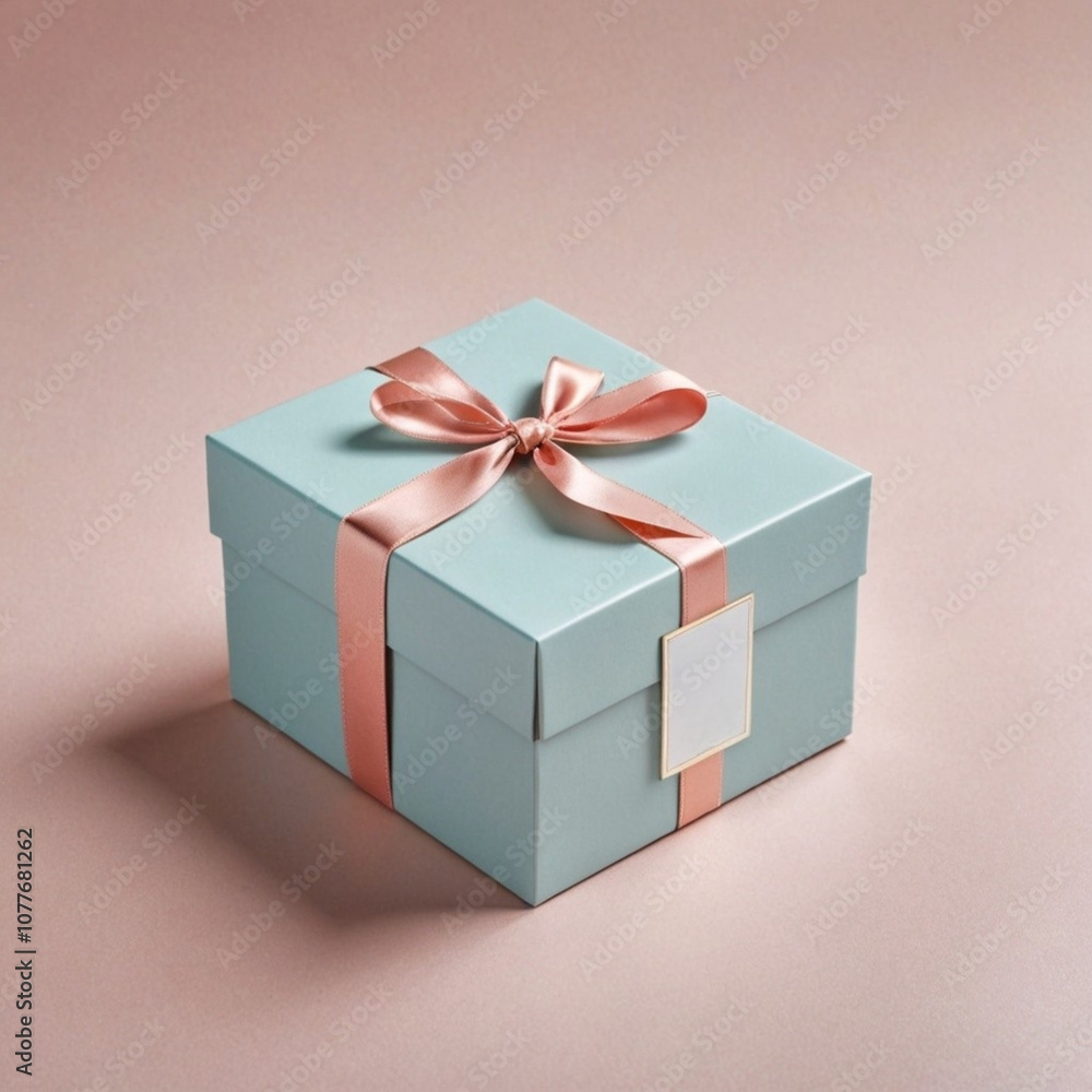 Caja regalo con una etiqueta en blanco y un lazo rosado Caja regalo con una etiqueta en blanco y un lazo rosado