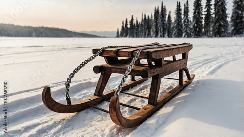 A wooden sled stands on a snowy landscape surrounded by tall evergreen trees during a peaceful winter afternoon photo