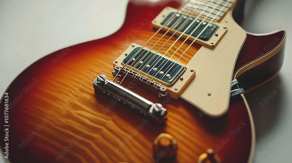 Close-Up View of a Classic Electric Guitar Isolated on White Background, Featuring Beautiful Wood Grain and Polished Finish, Perfect for Music and Instrument Promotion Close-Up View of a Classic Electric Guitar Isolated on White Background, Featuring Beautiful Wood Grain and Polished Finish, Perfect for Music and Instrument Promotion